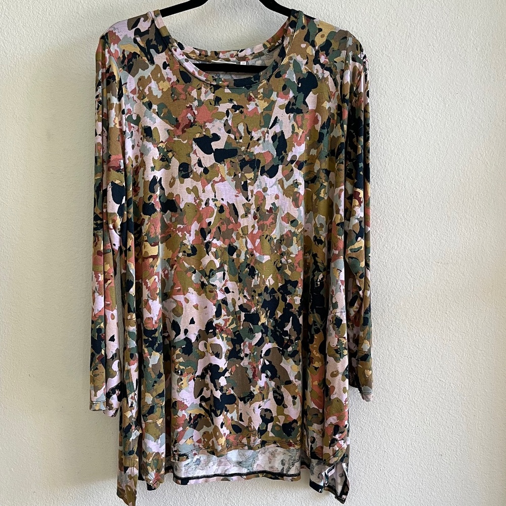 LOGO by Lori Goldstein Green Earthtone Lagenlook Tunic Top 2X Long Sleeve